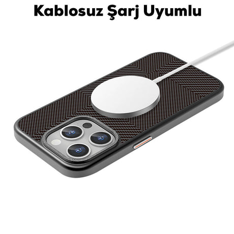 Apple iPhone 16 Pro Max Kılıf M-safe Şarj Özellikli Karbon Fiber Desenli Mutural Montage Kapak