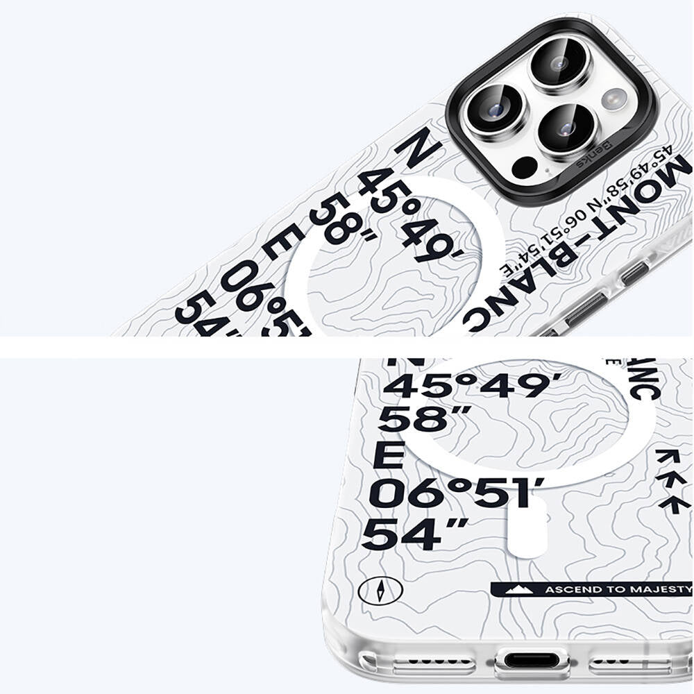 Apple iPhone 16 Pro Max Kılıf M-safe Şarj Özellikli Koordinat Yazı Desenli Benks Summit Serisi Kapak