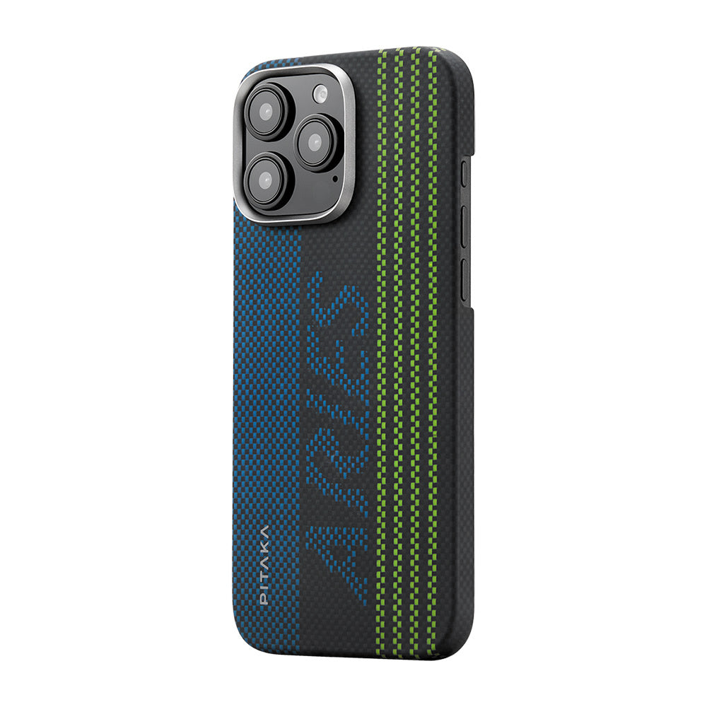 Apple iPhone 16 Pro Max Kılıf M-safe Şarj Özellikli Lumintex Teknolojili Fosforlu Aramid Fiber Pitaka Tactile Woven Aries Serisi Credit Card Kapak
