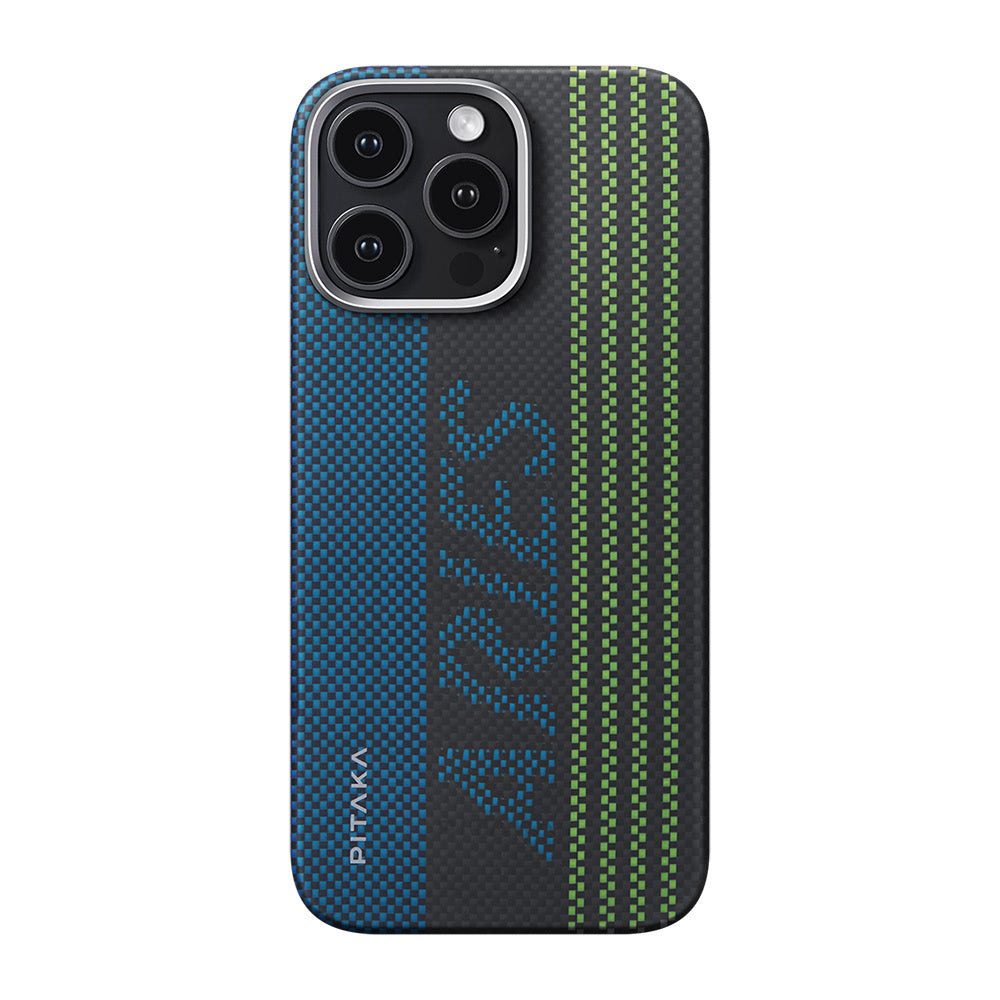 Apple iPhone 16 Pro Max Kılıf M-safe Şarj Özellikli Lumintex Teknolojili Fosforlu Aramid Fiber Pitaka Tactile Woven Aries Serisi Credit Card Kapak