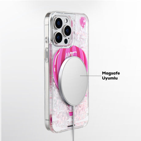 Apple iPhone 16 Pro Max Kılıf M-safe Şarj Özellikli Parlak Kumlu Sıvılı Youngkit Pink Dream Quicksand Serisi Kapak