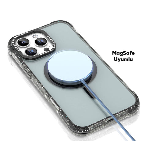 Apple iPhone 16 Pro Max Kılıf M-safe Şarj Özellikli Taşlı ve Simli Tasarım Mutural Blink Kapak