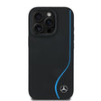 Apple iPhone 16 Pro Max Kılıf Mercedes Benz Orjinal Lisanslı M-safe Şarj Özellikli 3D Metal Logolu Mavi Dikey Eğri Çizgili Deri Kapak