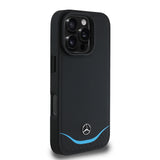 Apple iPhone 16 Pro Max Kılıf Mercedes Benz Orjinal Lisanslı M-safe Şarj Özellikli 3D Metal Logolu Mavi Yatay Eğri Çizgili Deri Kapak