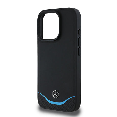 Apple iPhone 16 Pro Max Kılıf Mercedes Benz Orjinal Lisanslı M-safe Şarj Özellikli 3D Metal Logolu Mavi Yatay Eğri Çizgili Deri Kapak