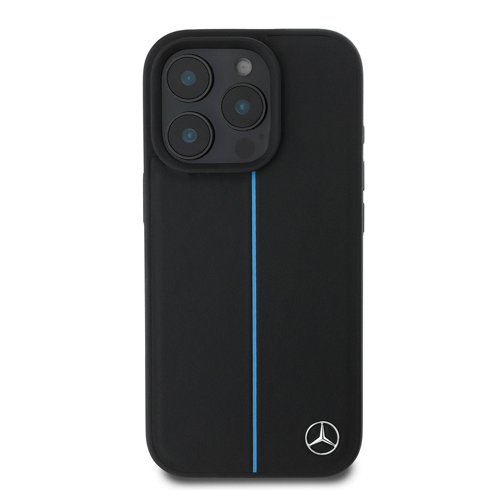 Apple iPhone 16 Pro Max Kılıf Mercedes Benz Orjinal Lisanslı M-safe Şarj Özellikli Metal Yıldız Logolu Mavi Çizgili Deri Kapak