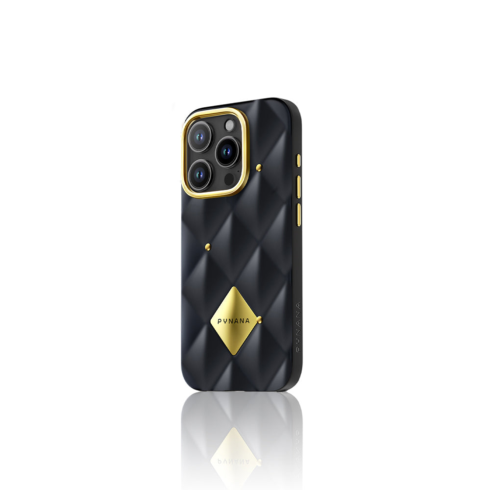 Apple iPhone 16 Pro Max Kılıf Parlak Arka Yüzeyli Kabartma Tasarımlı Kapitone Pynana Metal Diamond Serisi Kapak