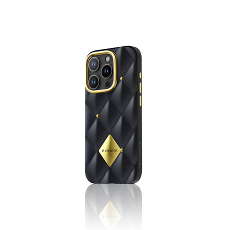 Apple iPhone 16 Pro Max Kılıf Parlak Arka Yüzeyli Kabartma Tasarımlı Kapitone Pynana Metal Diamond Serisi Kapak