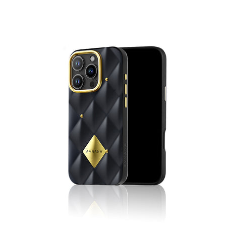 Apple iPhone 16 Pro Max Kılıf Parlak Arka Yüzeyli Kabartma Tasarımlı Kapitone Pynana Metal Diamond Serisi Kapak