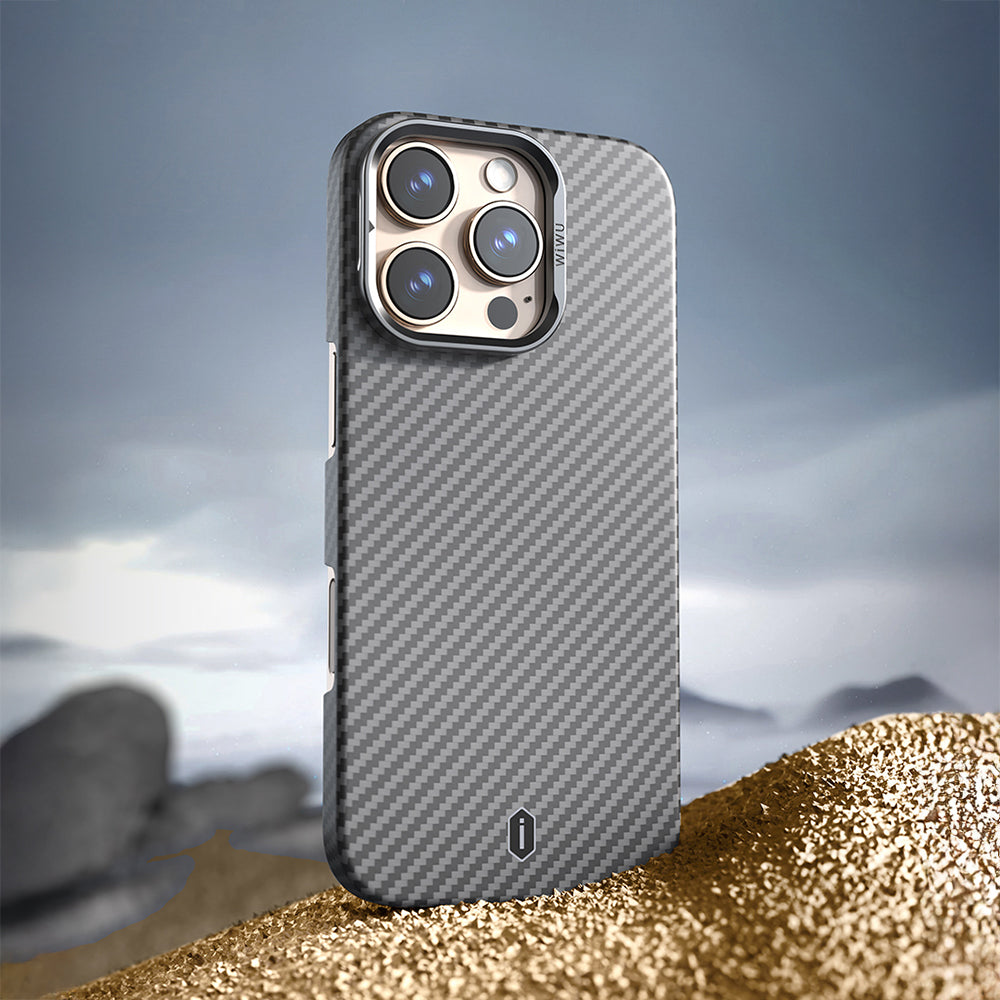 Apple iPhone 16 Pro Max Kılıf Wiwu DCC-206 M-safe Şarj Özellikli Kamera Standlı Aramid Fiber Tasarım Kevlar Kapak
