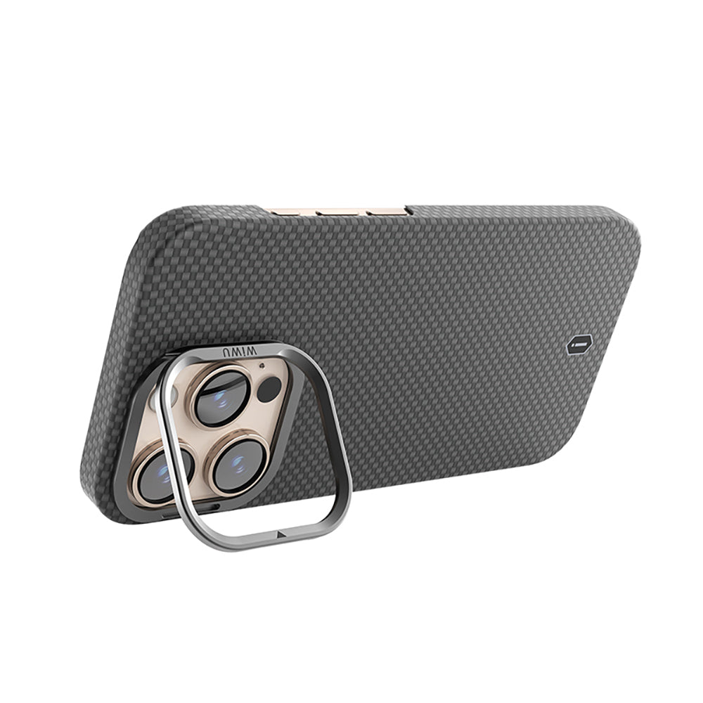Apple iPhone 16 Pro Max Kılıf Wiwu DCC-208 M-safe Şarj Özellikli Kamera Standlı Aramid Fiber Tasarım Kevlar Kapak
