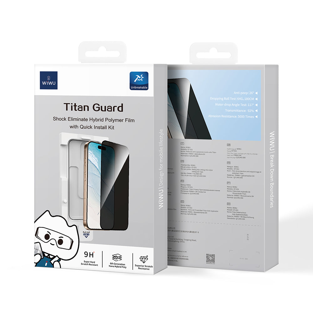 Apple iPhone 16 Wiwu GT-021 Titan Guard Serisi Şok Emici Hibrit Polimer Privacy Ekran Koruyucu Film + Kolay Uygulama Aparatı
