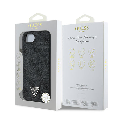 Apple iPhone 16E Kılıf Guess Orjinal Lisanslı M-safe Şarj Özellikli PU Üçgen Logo 4G Desenli Kapak