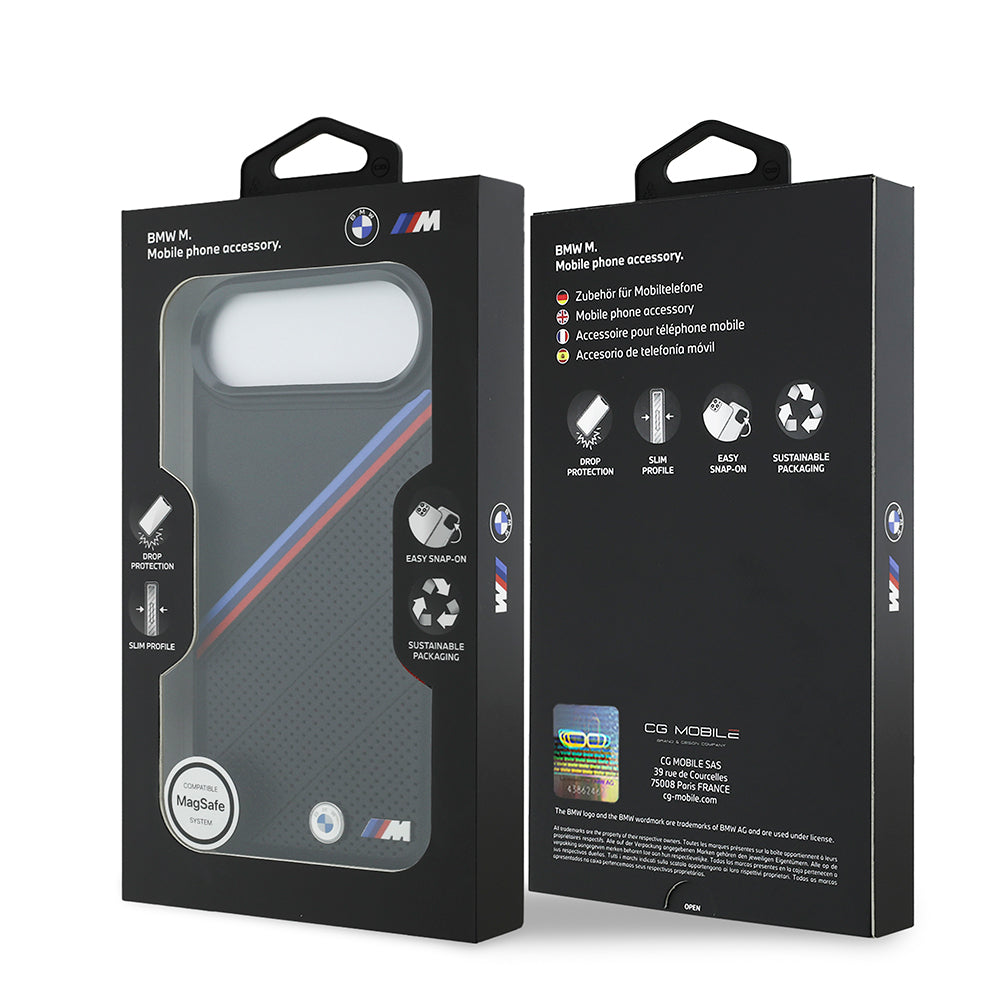 Apple iPhone 17 Air Kılıf BMW Orjinal Lisanslı M-safe Şarj Özellikli M Logolu Üç Şeritli Delikli Deri Kapak