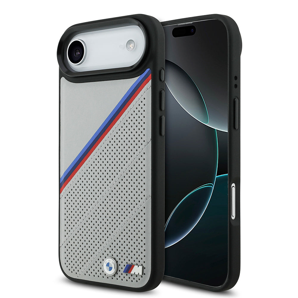 Apple iPhone 17 Air Kılıf BMW Orjinal Lisanslı M-safe Şarj Özellikli M Logolu Üç Şeritli Delikli Deri Kapak
