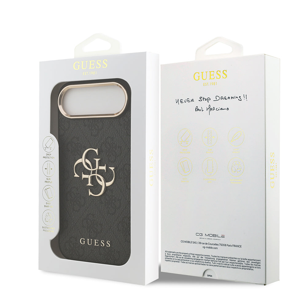 Apple iPhone 17 Air Kılıf Guess Orjinal Lisanslı Gold Metal Kamera Çerçeveli 4G Desenli Metal Büyük 4G ve Yazı Logolu Kapak