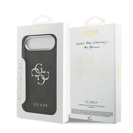Apple iPhone 17 Air Kılıf Guess Orjinal Lisanslı Gümüş Metal Kamera Çerçeveli 4G Desenli Metal Büyük 4G ve Yazı Logolu Kapak
