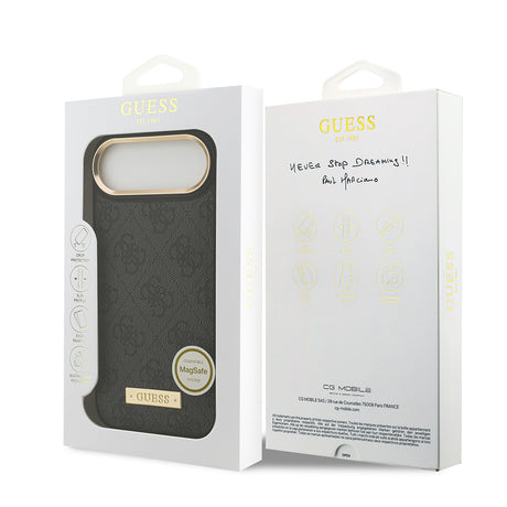 Apple iPhone 17 Air Kılıf Guess Orjinal Lisanslı M-safe Şarj Özellikli 4G Desenli PU Metal Plaka Klasik Logolu Kapak