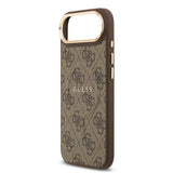 Apple iPhone 17 Air Kılıf Guess Orjinal Lisanslı M-safe Şarj Özellikli Gold Metal Kamera Çerçeveli PU Deri 4G Desenli Yazı Logolu Kapak