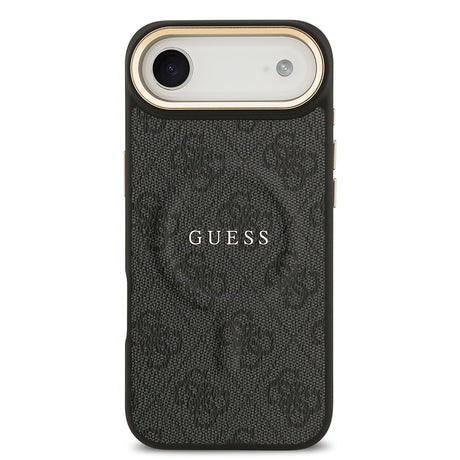 Apple iPhone 17 Air Kılıf Guess Orjinal Lisanslı M-safe Şarj Özellikli Gold Metal Kamera Çerçeveli PU Deri 4G Desenli Yazı Logolu Kapak