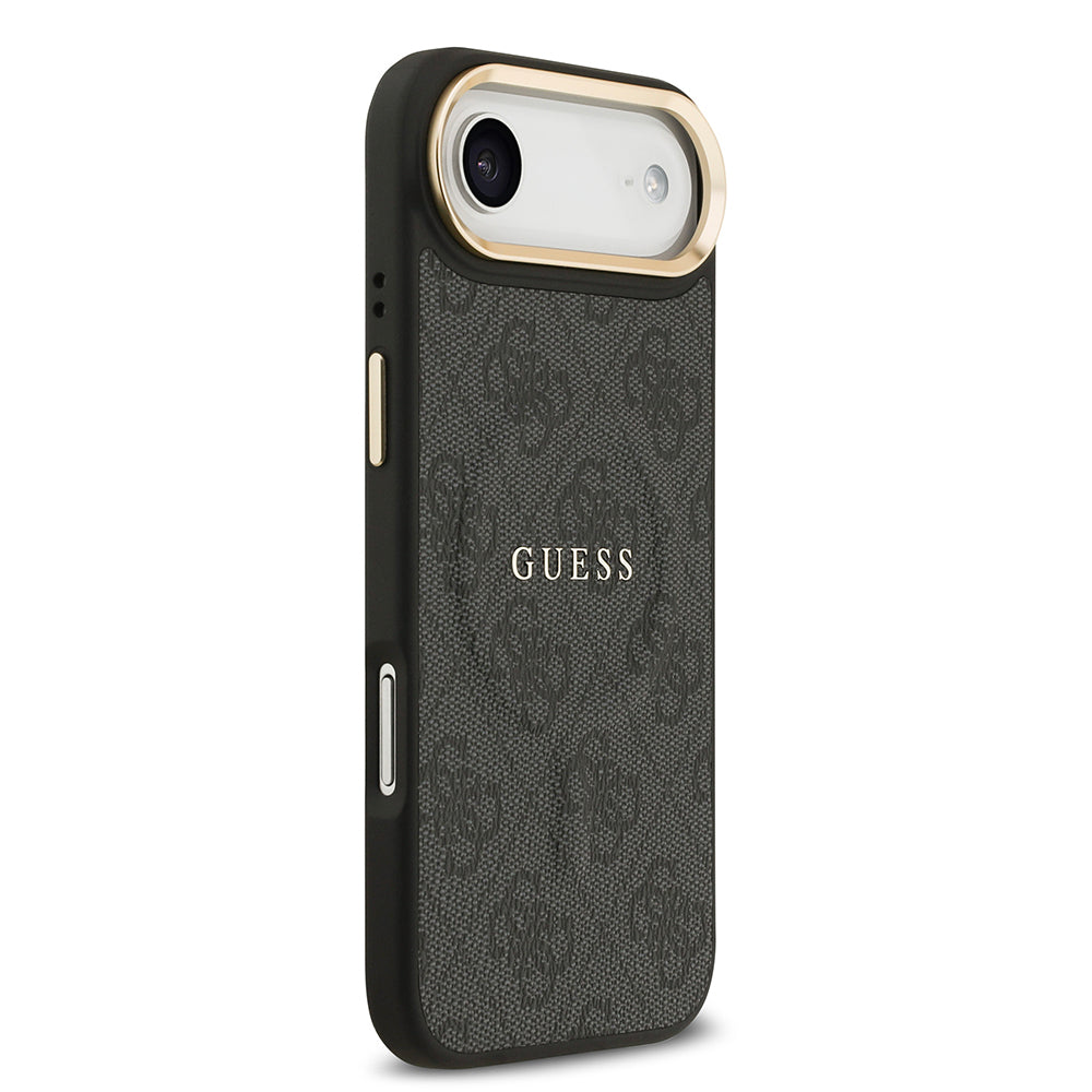 Apple iPhone 17 Air Kılıf Guess Orjinal Lisanslı M-safe Şarj Özellikli Gold Metal Kamera Çerçeveli PU Deri 4G Desenli Yazı Logolu Kapak