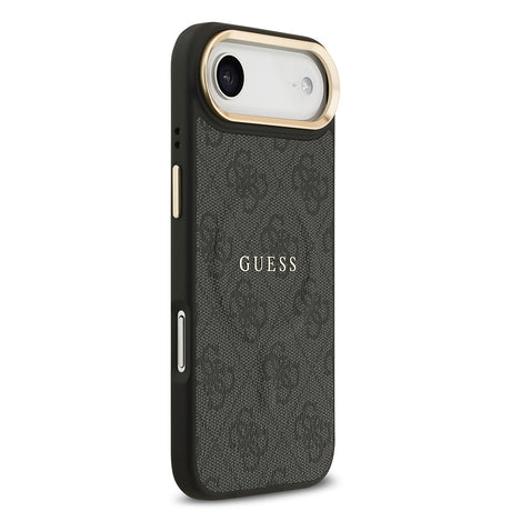 Apple iPhone 17 Air Kılıf Guess Orjinal Lisanslı M-safe Şarj Özellikli Gold Metal Kamera Çerçeveli PU Deri 4G Desenli Yazı Logolu Kapak