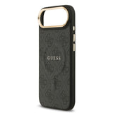 Apple iPhone 17 Air Kılıf Guess Orjinal Lisanslı M-safe Şarj Özellikli Gold Metal Kamera Çerçeveli PU Deri 4G Desenli Yazı Logolu Kapak