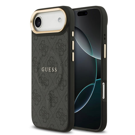 Apple iPhone 17 Air Kılıf Guess Orjinal Lisanslı M-safe Şarj Özellikli Gold Metal Kamera Çerçeveli PU Deri 4G Desenli Yazı Logolu Kapak