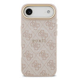 Apple iPhone 17 Air Kılıf Guess Orjinal Lisanslı M-safe Şarj Özellikli Gold Metal Kamera Çerçeveli PU Deri 4G Desenli Yazı Logolu Kapak
