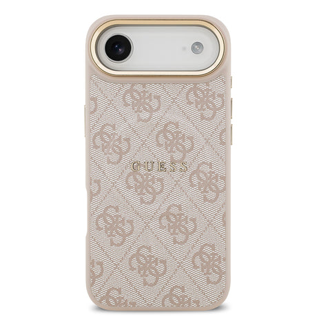 Apple iPhone 17 Air Kılıf Guess Orjinal Lisanslı M-safe Şarj Özellikli Gold Metal Kamera Çerçeveli PU Deri 4G Desenli Yazı Logolu Kapak