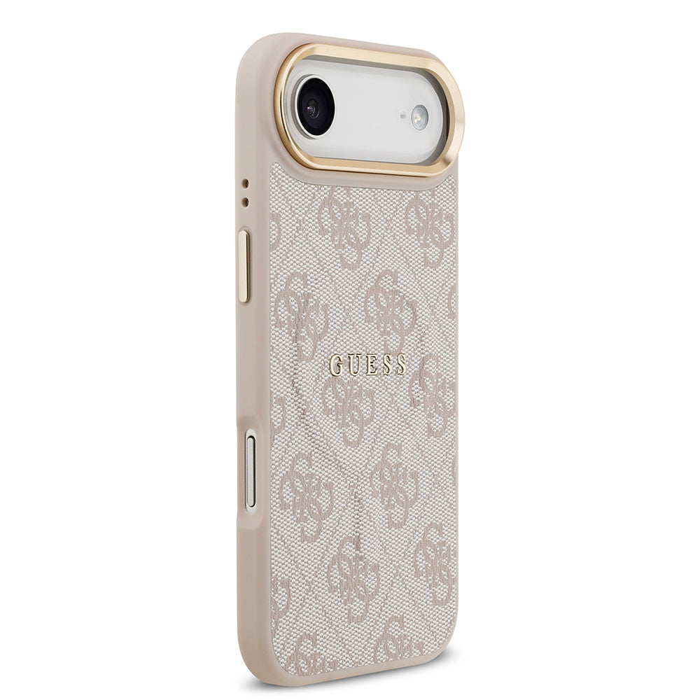 Apple iPhone 17 Air Kılıf Guess Orjinal Lisanslı M-safe Şarj Özellikli Gold Metal Kamera Çerçeveli PU Deri 4G Desenli Yazı Logolu Kapak