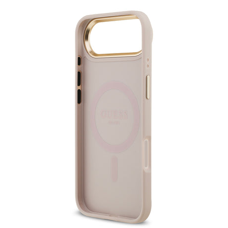 Apple iPhone 17 Air Kılıf Guess Orjinal Lisanslı M-safe Şarj Özellikli Gold Metal Kamera Çerçeveli PU Deri 4G Desenli Yazı Logolu Kapak