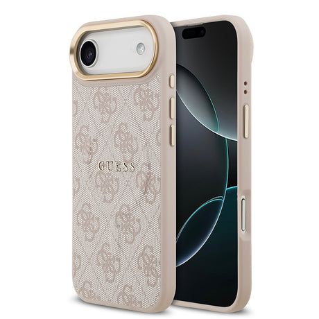 Apple iPhone 17 Air Kılıf Guess Orjinal Lisanslı M-safe Şarj Özellikli Gold Metal Kamera Çerçeveli PU Deri 4G Desenli Yazı Logolu Kapak