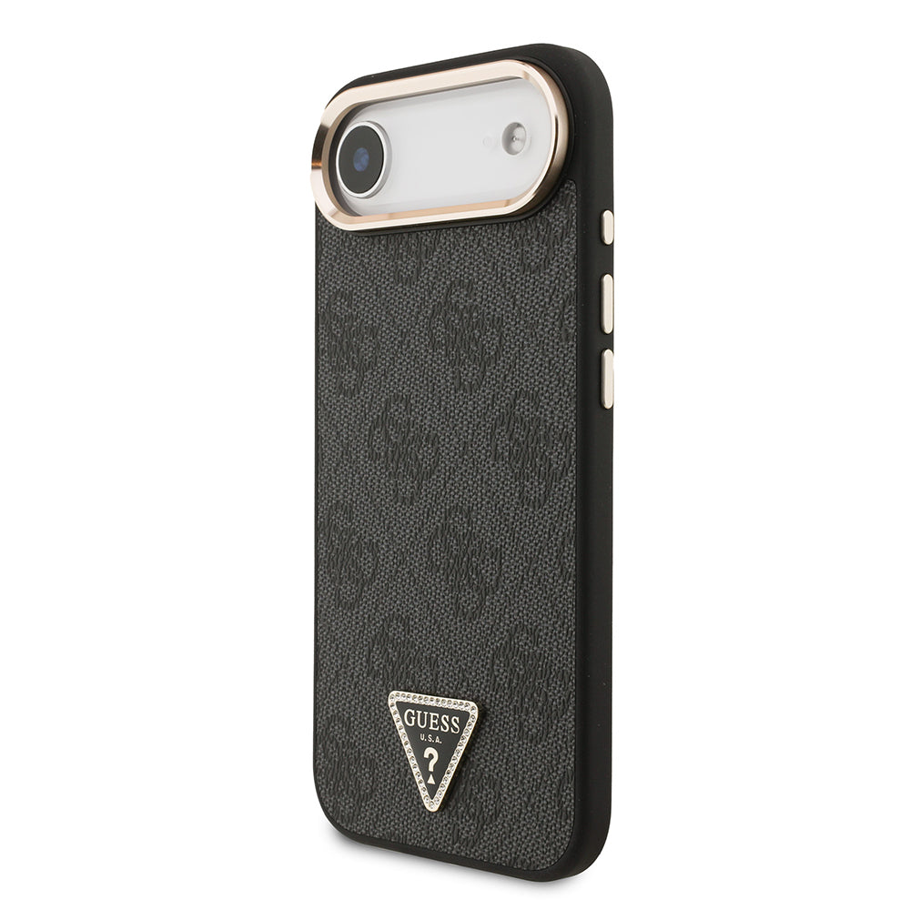 Apple iPhone 17 Air Kılıf Guess Orjinal Lisanslı M-safe Şarj Özellikli Gold Metal Kamera Çerçeveli Taşlı Üçgen Logo 4G Desenli Kapak