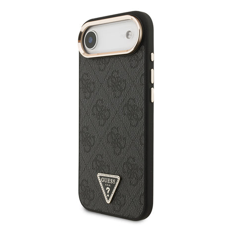 Apple iPhone 17 Air Kılıf Guess Orjinal Lisanslı M-safe Şarj Özellikli Gold Metal Kamera Çerçeveli Taşlı Üçgen Logo 4G Desenli Kapak