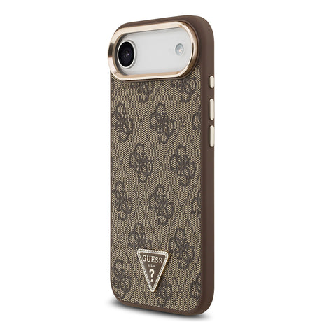Apple iPhone 17 Air Kılıf Guess Orjinal Lisanslı M-safe Şarj Özellikli Gold Metal Kamera Çerçeveli Taşlı Üçgen Logo 4G Desenli Kapak