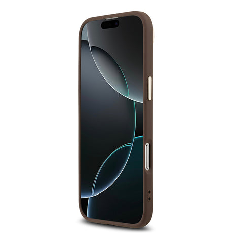 Apple iPhone 17 Air Kılıf Guess Orjinal Lisanslı M-safe Şarj Özellikli Gold Metal Kamera Çerçeveli Taşlı Üçgen Logo 4G Desenli Kapak