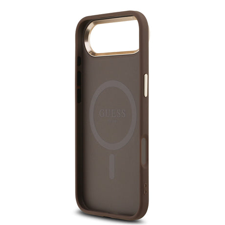 Apple iPhone 17 Air Kılıf Guess Orjinal Lisanslı M-safe Şarj Özellikli Gold Metal Kamera Çerçeveli Taşlı Üçgen Logo 4G Desenli Kapak