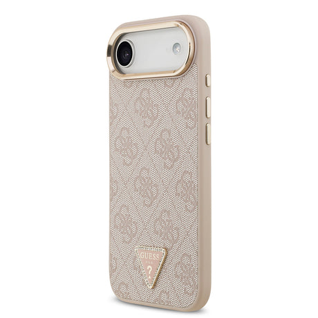 Apple iPhone 17 Air Kılıf Guess Orjinal Lisanslı M-safe Şarj Özellikli Gold Metal Kamera Çerçeveli Taşlı Üçgen Logo 4G Desenli Kapak