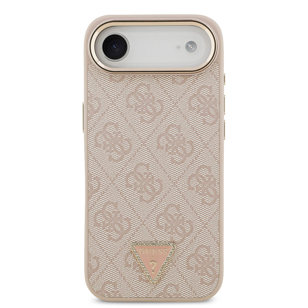 Apple iPhone 17 Air Kılıf Guess Orjinal Lisanslı M-safe Şarj Özellikli Gold Metal Kamera Çerçeveli Taşlı Üçgen Logo 4G Desenli Kapak