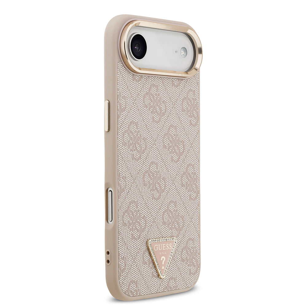 Apple iPhone 17 Air Kılıf Guess Orjinal Lisanslı M-safe Şarj Özellikli Gold Metal Kamera Çerçeveli Taşlı Üçgen Logo 4G Desenli Kapak