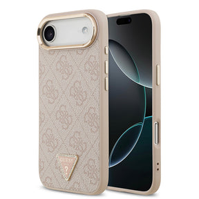 Apple iPhone 17 Air Kılıf Guess Orjinal Lisanslı M-safe Şarj Özellikli Gold Metal Kamera Çerçeveli Taşlı Üçgen Logo 4G Desenli Kapak
