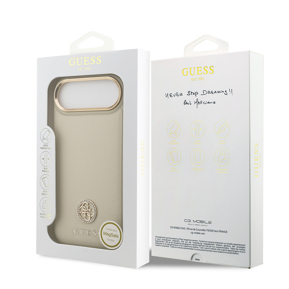 Apple iPhone 17 Air Kılıf Guess Orjinal Lisanslı M-safe Şarj Özellikli Grained Yazı ve Taşlı 4G Logolu Kapak