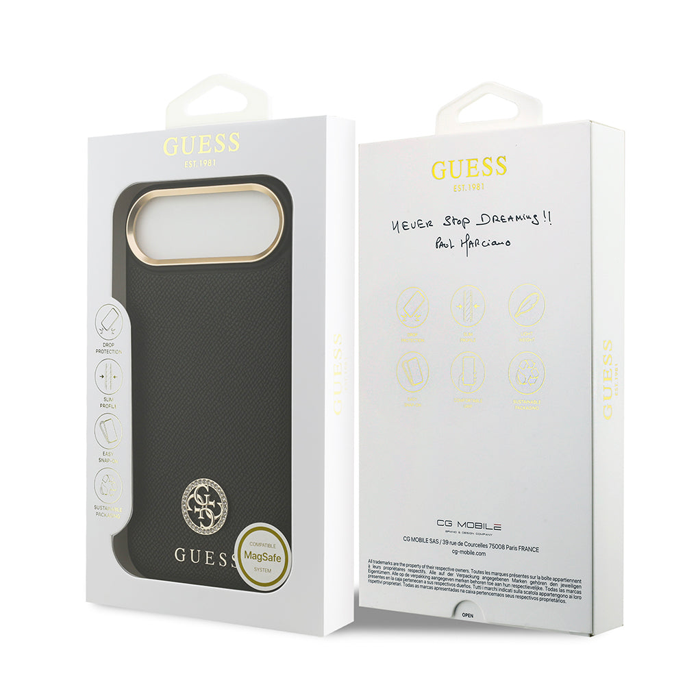 Apple iPhone 17 Air Kılıf Guess Orjinal Lisanslı M-safe Şarj Özellikli Grained Yazı ve Taşlı 4G Logolu Kapak