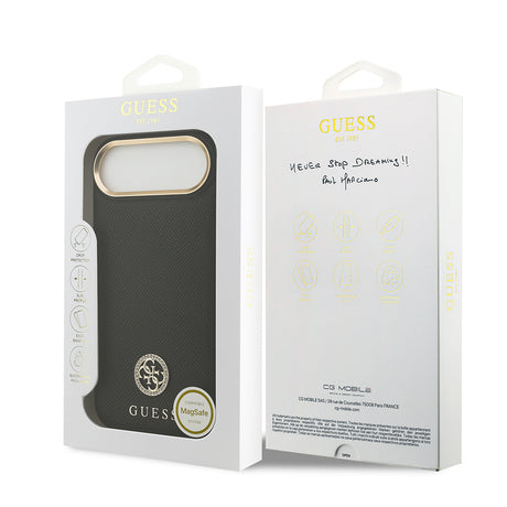 Apple iPhone 17 Air Kılıf Guess Orjinal Lisanslı M-safe Şarj Özellikli Grained Yazı ve Taşlı 4G Logolu Kapak