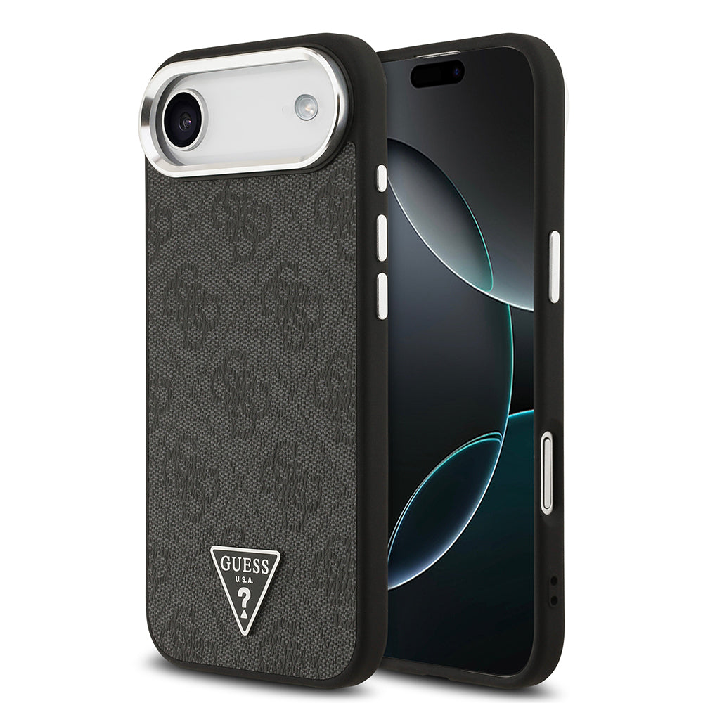 Apple iPhone 17 Air Kılıf Guess Orjinal Lisanslı M-safe Şarj Özellikli Gümüş Metal Kamera Çerçeveli Üçgen Logo 4G Desenli Kapak