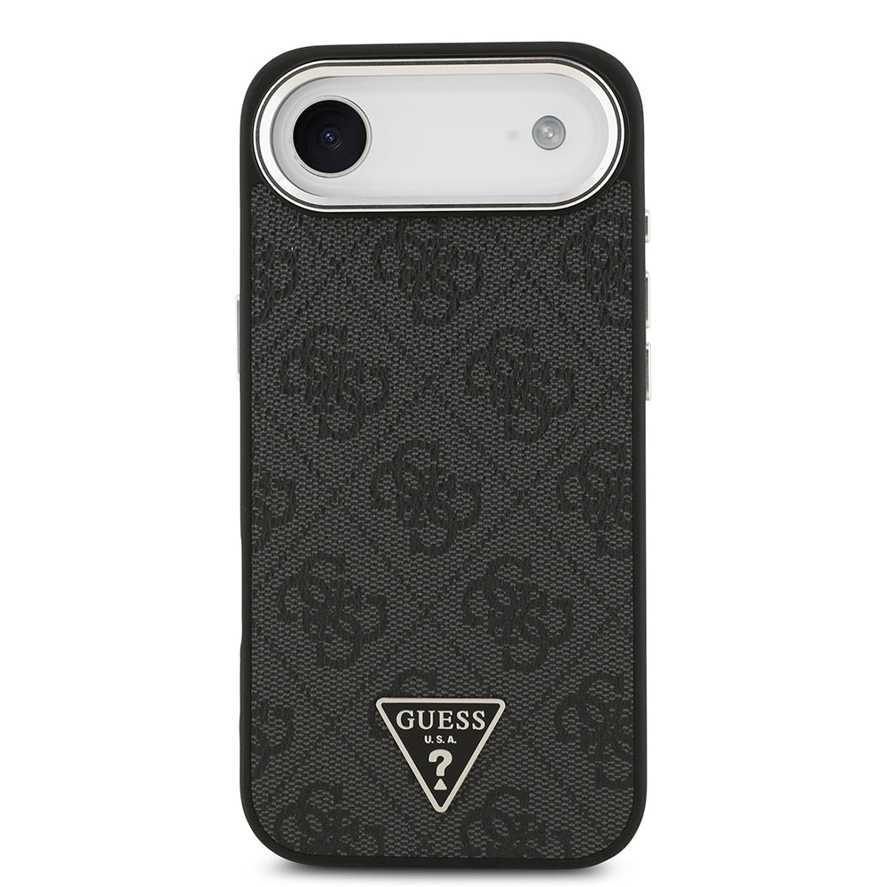 Apple iPhone 17 Air Kılıf Guess Orjinal Lisanslı M-safe Şarj Özellikli Gümüş Metal Kamera Çerçeveli Üçgen Logo 4G Desenli Kapak
