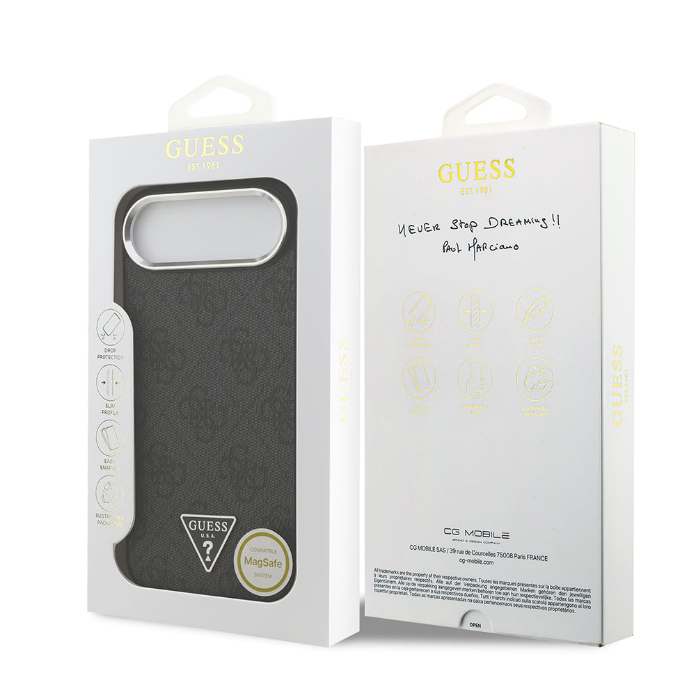Apple iPhone 17 Air Kılıf Guess Orjinal Lisanslı M-safe Şarj Özellikli Gümüş Metal Kamera Çerçeveli Üçgen Logo 4G Desenli Kapak