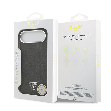 Apple iPhone 17 Air Kılıf Guess Orjinal Lisanslı M-safe Şarj Özellikli Gümüş Metal Kamera Çerçeveli Üçgen Logo 4G Desenli Kapak
