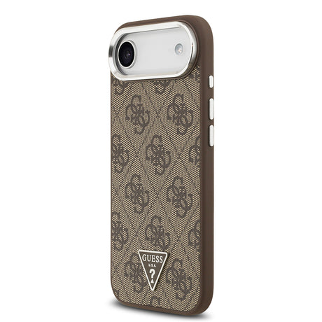 Apple iPhone 17 Air Kılıf Guess Orjinal Lisanslı M-safe Şarj Özellikli Gümüş Metal Kamera Çerçeveli Üçgen Logo 4G Desenli Kapak